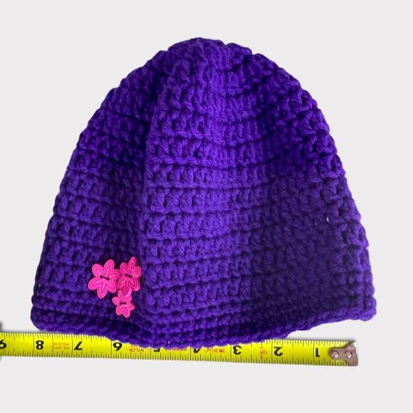 Hand Knit Crochet Girls Hat Purple with Pink Flower Buttons - Picture 5 of 8